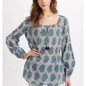 Tory Burch Evelina Floral Striped Tassel Tie Long Sleeve Voile Tunic Top Size 10